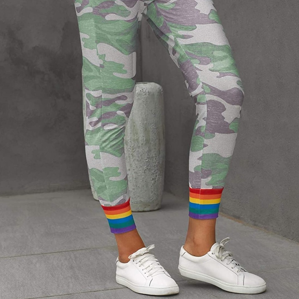 Women Rainbow Pride Stripe Camo Joggers Drawstring Waist Pants with Pocket Green - Picture 3 of 6